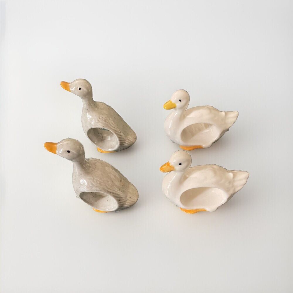 Vintage 1980s Duck Decor (2) White (2) Gray Ceramic Napkin Rings Country Cottage